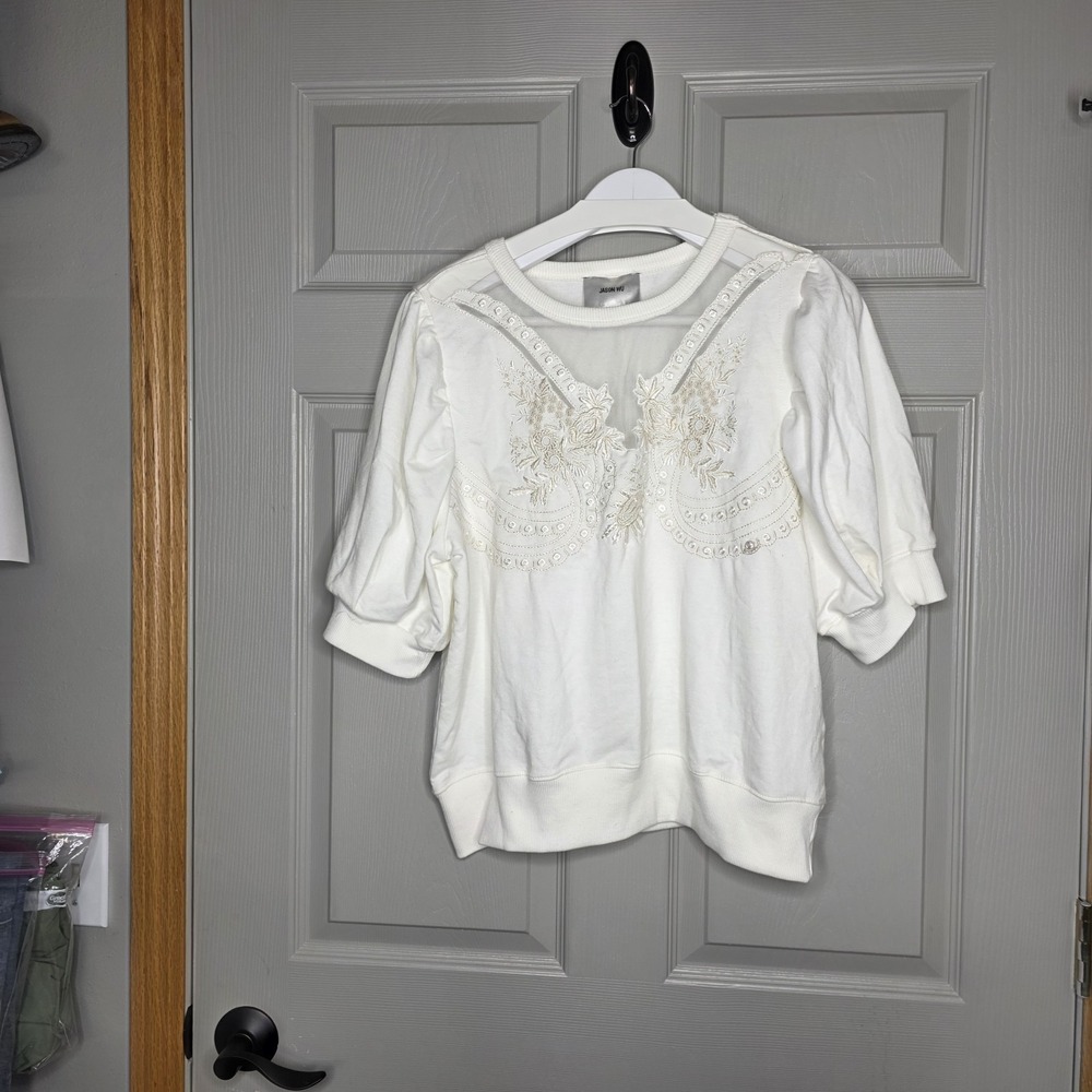 Jason Wu Embellished Embroidered Ivory Puff Sleeve Sweatshirt Blouse Sz XL Boho